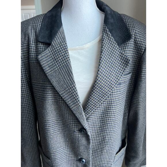 Vtg East End black plaid classic blazer with leather collar size L - Picture 3 of 7